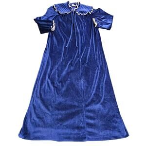 Vintage Say-Lu Nightgown Blue Velour Velvet White Lace USA Womens 1X Long USA